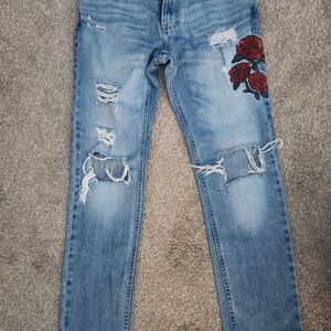 Distressed ,skinny fit Blue Jeans with Red Rose Embroidery 30/32 or 10R